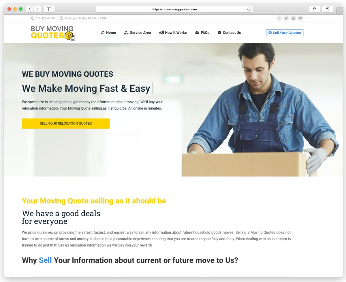 BuyMovingQuotes.Com - это самый простой способ продать информацию о переезде.